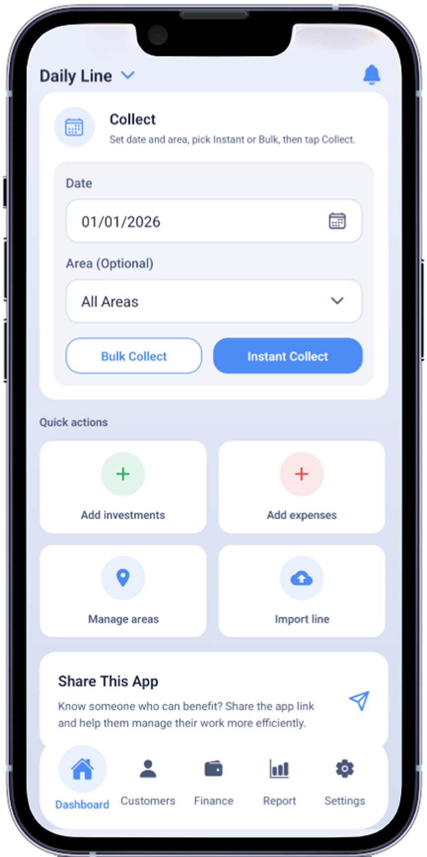 Vasool Management home screen showing collections and dues
